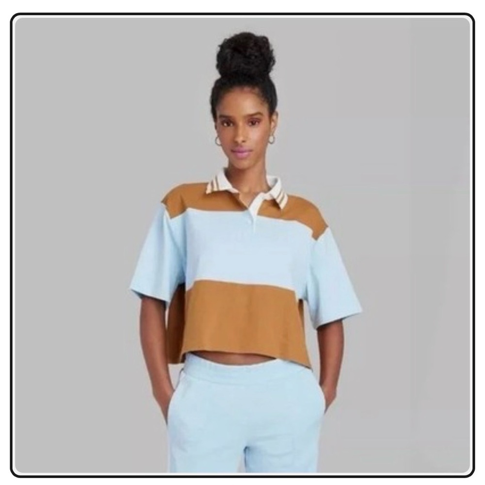 wild fable Light Blue and Tan Cropped Colorblock Polo